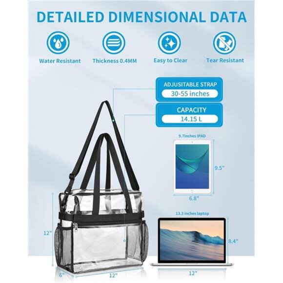 Clear Bag for Stadium Events 12x6x12, Clear Tote Bag with Reinforced Strap - Picture 2 of 7